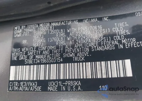 2006 Toyota Tundra Sr5 V8 из США, поврежденный, VIN 5TBET34196S503154